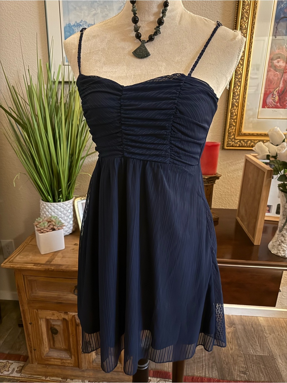 Women's Navy Ruched Chiffon Spaghetti Strap Dress